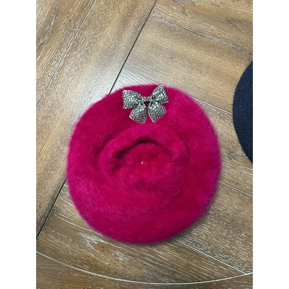 LOT x 2 Winter Hats Magenta Jeweled Bow Beret Cap & Navy Bucket Snowflake